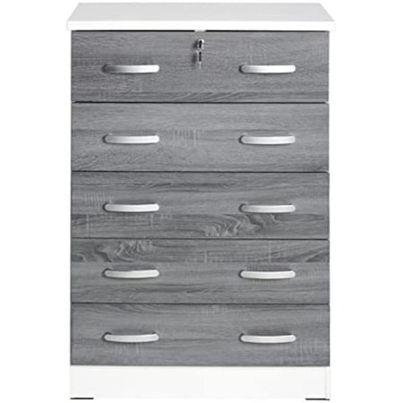 Kd WC5-Wht-Gry Cindy 5 Drawer Chest Wooden Dresser with Lock, White & Gray KD2831280